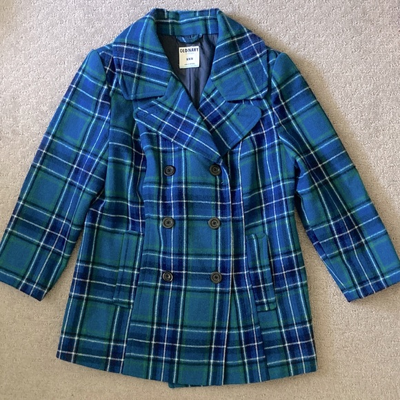OLD NAVY blue plaid wool-blend pea coat, Medium. - Picture 1 of 7